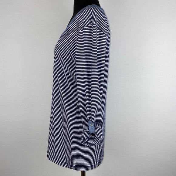 Thyme And Honey L Striped Partial Button Front Henley Top Roll Tab Long Sleeves - Picture 5 of 12